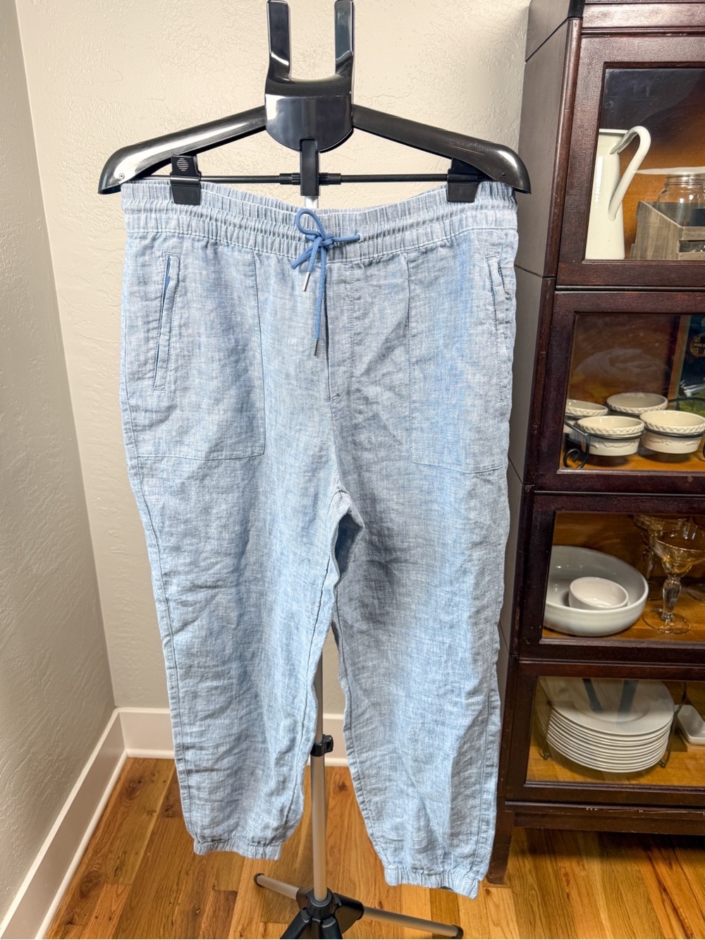 Athleta 100% Linen Jogger Pants Blue Drawstring Zip Pockets Size 14